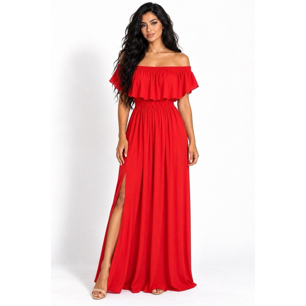 Show Me Your Mumu Hacienda Red Maxi Dress XXS Off Shoulder Ruffle